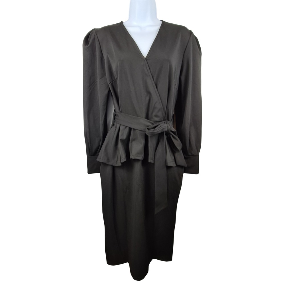 Sexycherry Women Black Faux Wrap Peplum Midi Dress L Long Puff Sleeve Tie Waist